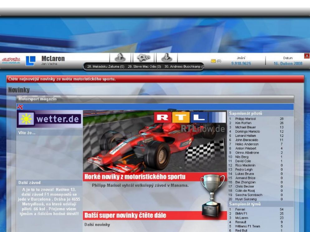 Screenshot ze hry RTL Racing Team Manager - Recenze-her.cz